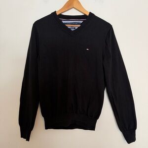 Tommy Hilfiger Black Pima Cotton Logo V-Neck Sweater Size Small